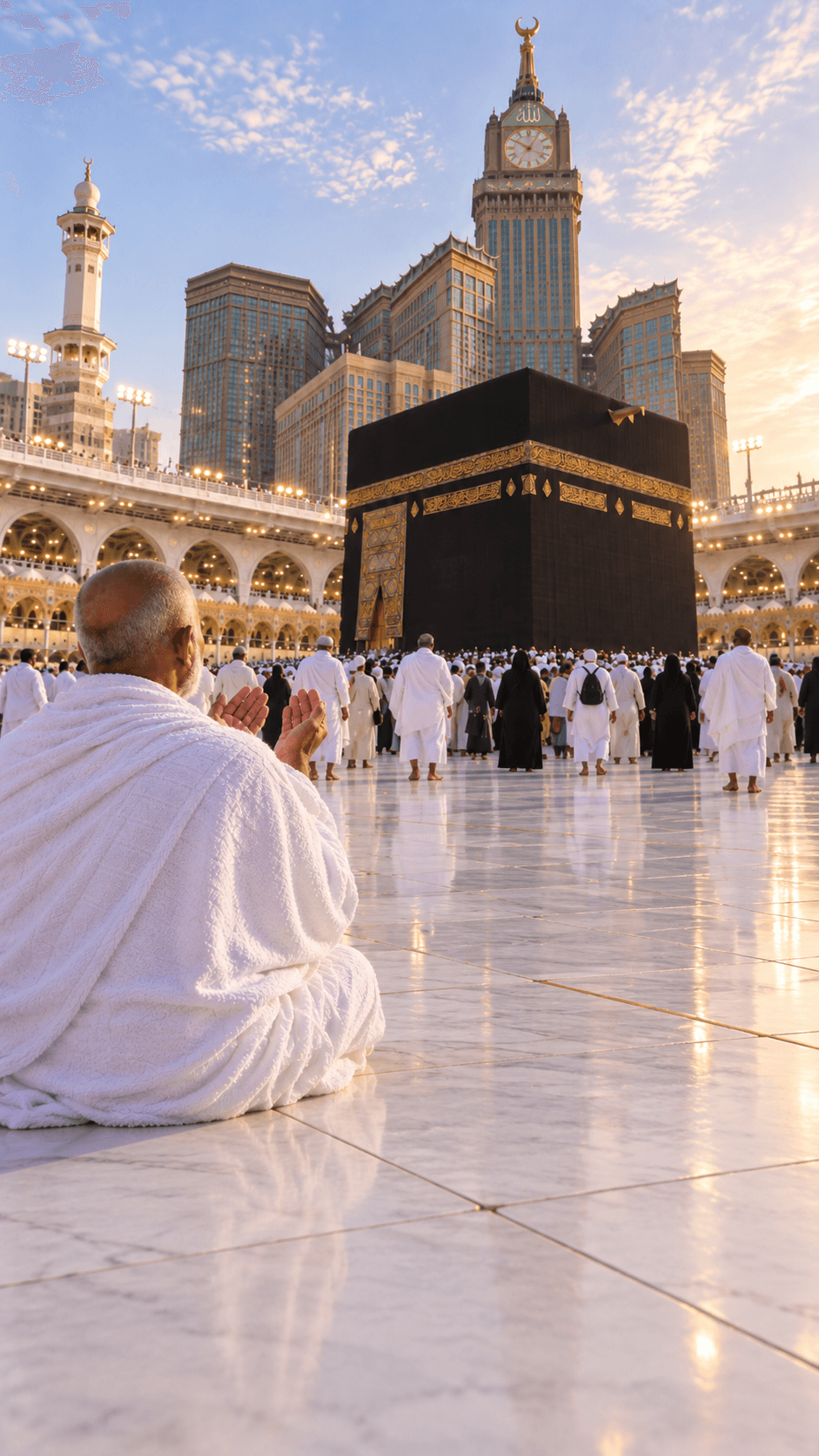 Ein Pilger betet mit erhobenen Händen vor der Kaaba in Makkah